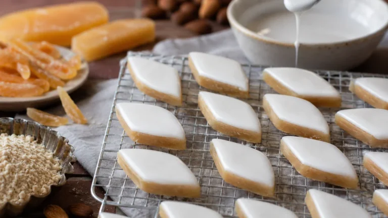 Calissons maison glacés en cours de séchage sur une grille avec ingrédients de pâtisserie