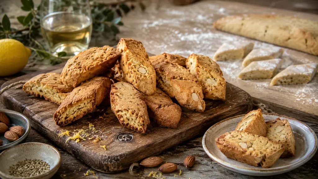 Canistrelli corses maison dorés et croquants avec amandes, citron et vin blanc sur une table rustique