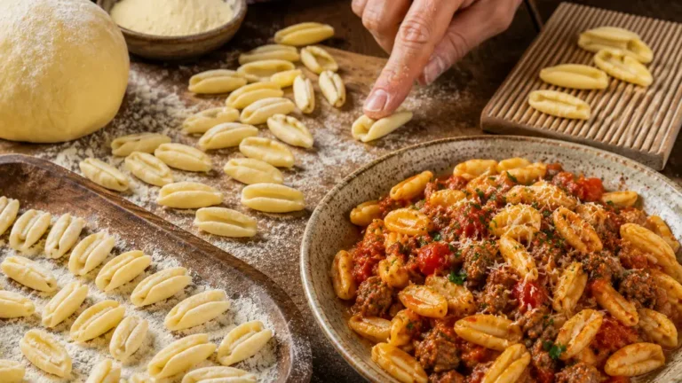 Cavatelli maison façonnés à la main sur un plan de travail fariné avec un plat de pâtes à la sauce tomate.