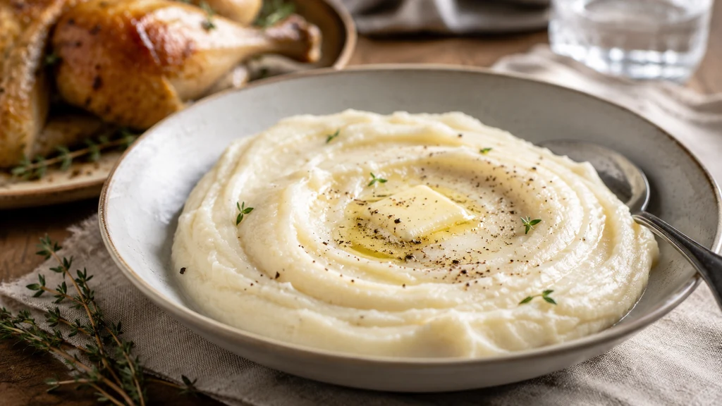 Purée de céleri-rave onctueuse servie avec du beurre fondu et des herbes fraîches