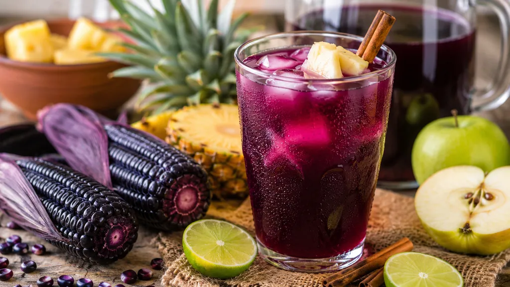 Chicha morada péruvienne servie fraîche avec maïs violet, ananas, citron vert et cannelle.