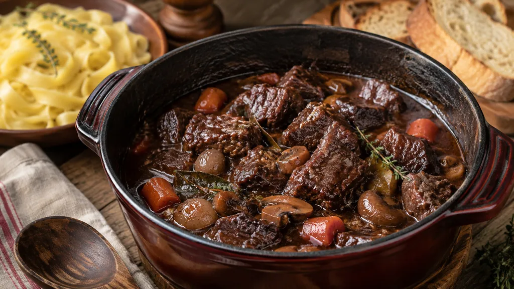 Civet de sanglier mijoté en cocotte avec sauce au vin rouge et champignons