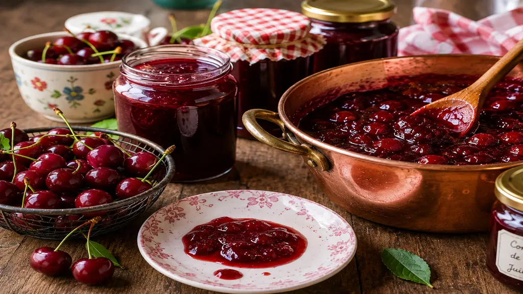 Confiture de cerises maison dans une bassine en cuivre avec cerises fraîches, pots en verre et test de l’assiette froide.