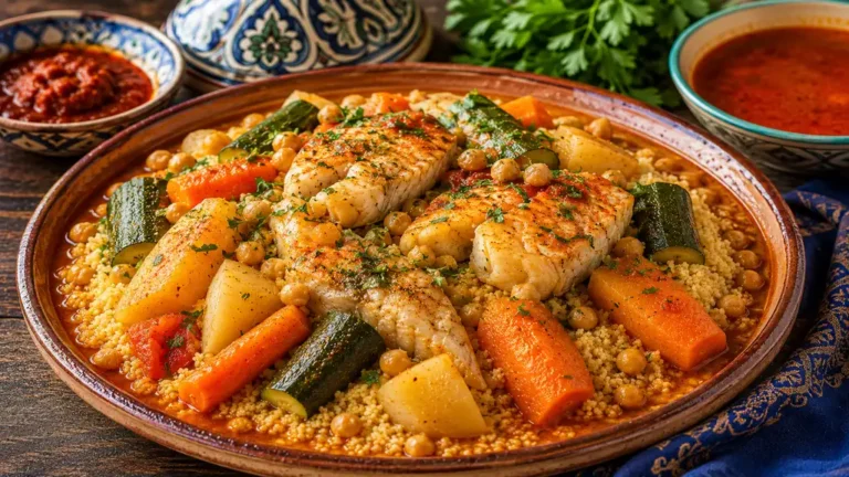 Couscous au poisson avec semoule, morceaux de poisson blanc, carottes, courgettes, navets, pois chiches et bouillon épicé.