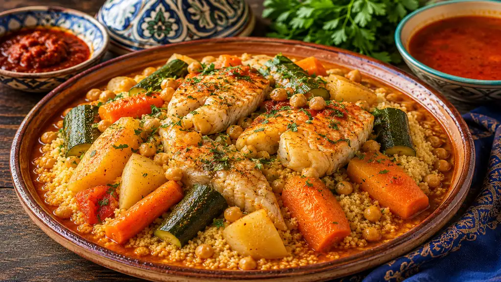 Couscous au poisson avec semoule, morceaux de poisson blanc, carottes, courgettes, navets, pois chiches et bouillon épicé.