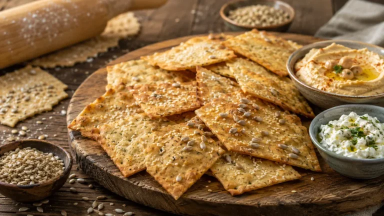 Crackers maison croustillants aux graines servis avec houmous et fromage frais