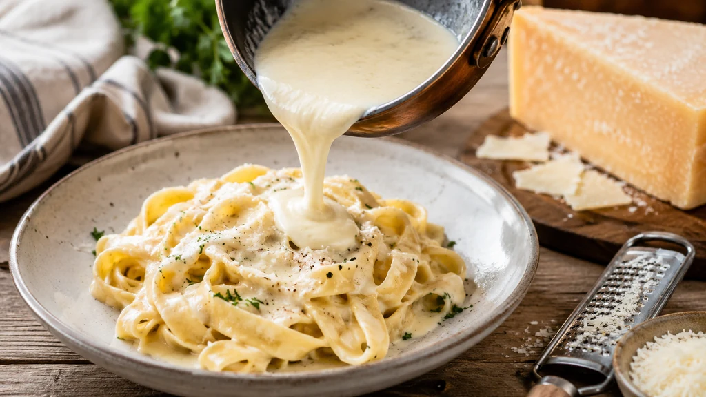 Crème de parmesan chaude versée sur des pâtes fraîches avec parmesan râpé