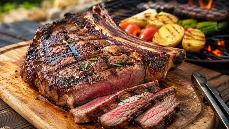 Côte de bœuf grillée au barbecue avec croûte dorée, viande saignante et légumes grillés