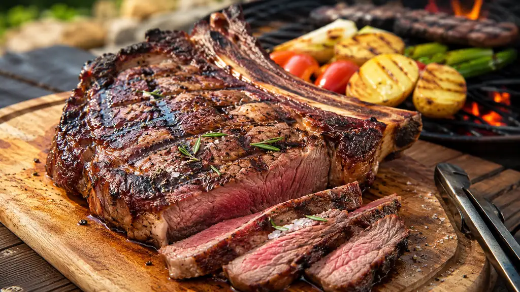 Côte de bœuf grillée au barbecue avec croûte dorée, viande saignante et légumes grillés