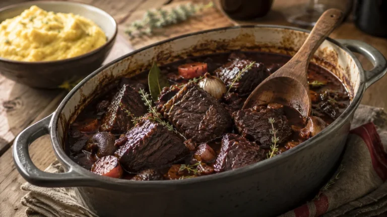 Daube de sanglier mijotée en cocotte avec sauce au vin rouge et légumes