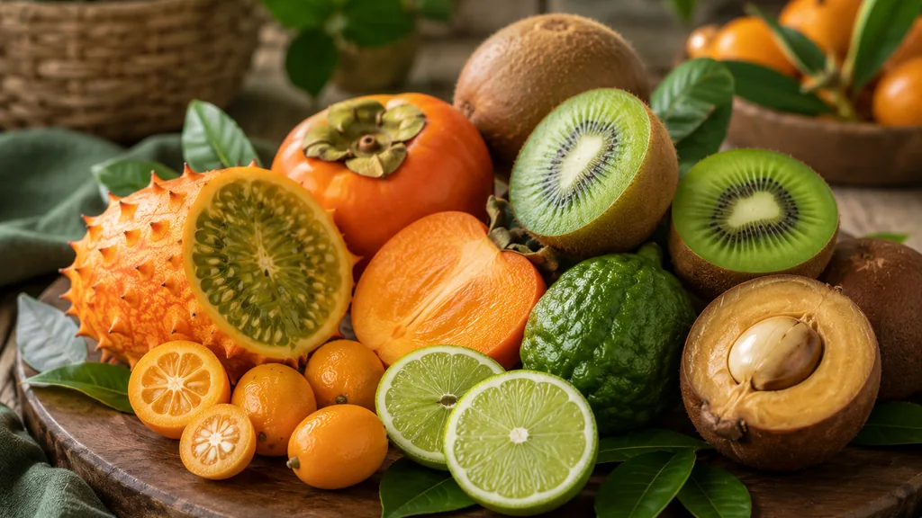 Fruits en K avec kiwi, kaki, kiwano, kumquat, combava et kepel présentés sur une planche en bois.