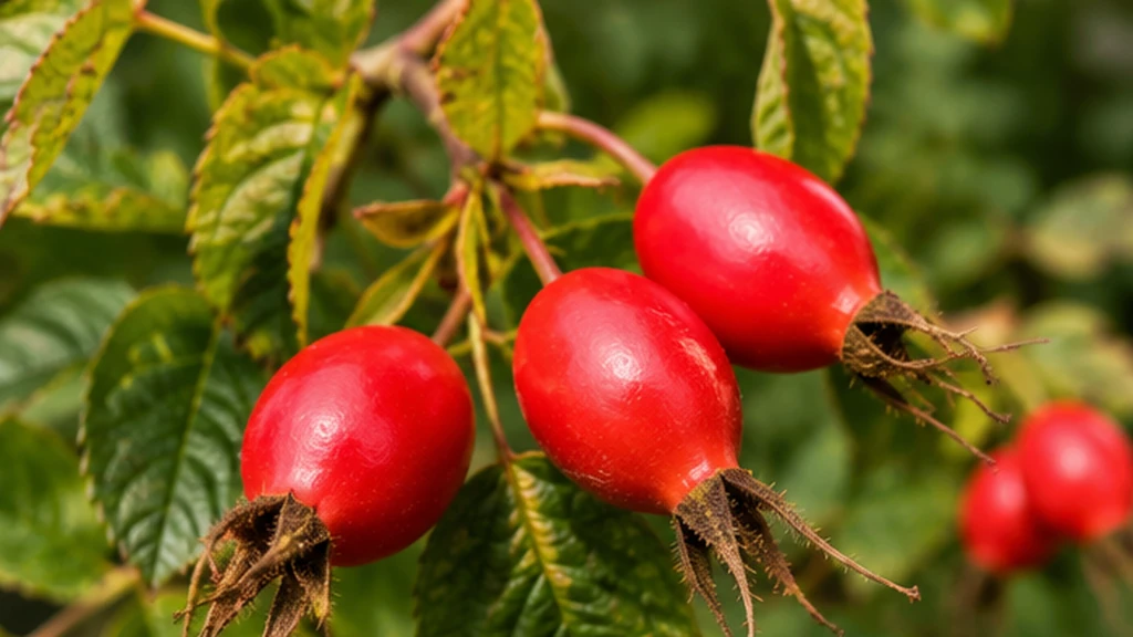 Fruits en E avec églantines rouges sauvages sur une branche