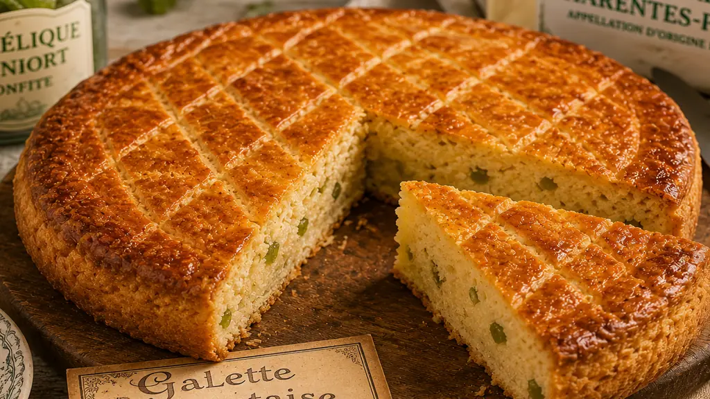 Galette charentaise dorée avec une tranche coupée, texture fondante et morceaux d’angélique confite sur une planche en bois.
