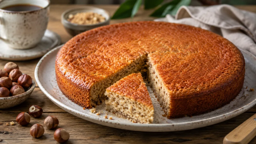 Gâteau creusois maison aux noisettes avec une part découpée sur une table rustique
