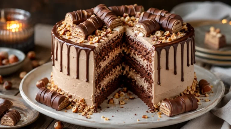 Gâteau Kinder Bueno au chocolat avec crème mascarpone noisettes et décoration gourmande
