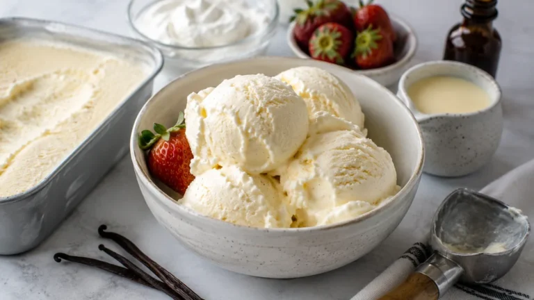 Glace maison sans sorbetière servie en boules crémeuses avec vanille, fraises et crème fouettée