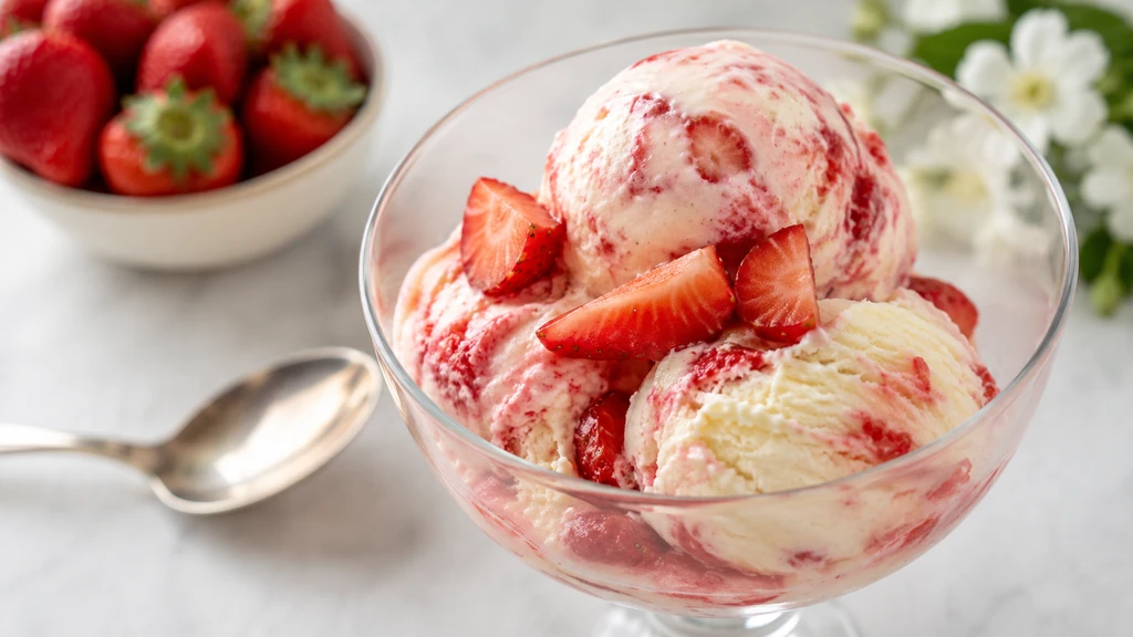 Glace vanille fraise marbrée servie en coupe avec morceaux de fraises fraîches