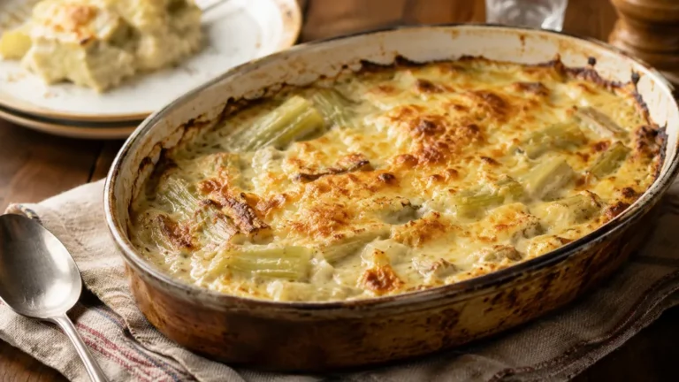 Gratin de cardons doré au four dans un plat rustique sur une table en bois