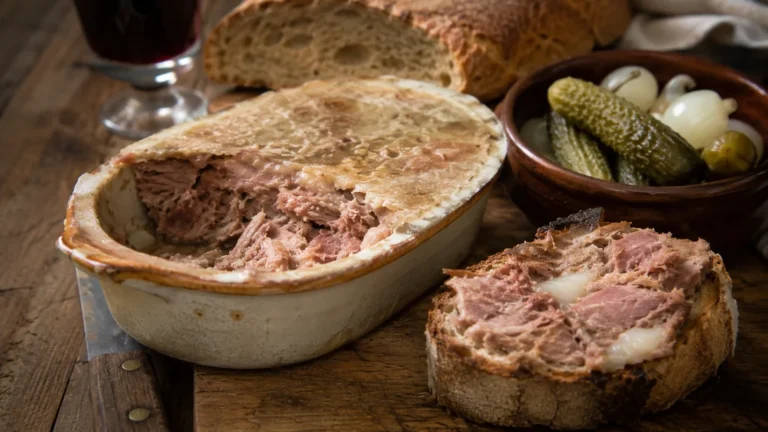 Grillon charentais servi sur du pain de campagne avec cornichons et terrine rustique sur une table en bois.
