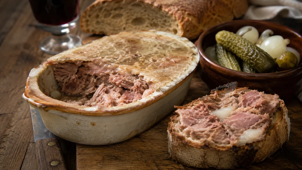 Grillon charentais servi sur du pain de campagne avec cornichons et terrine rustique sur une table en bois.