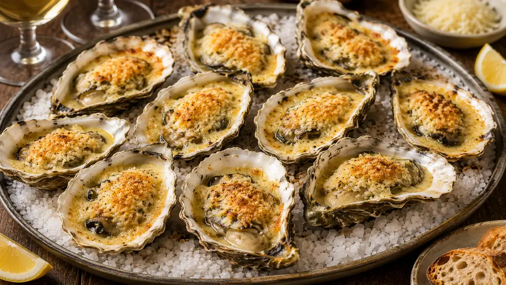 Huîtres gratinées au parmesan servies sur gros sel avec citron et pain grillé