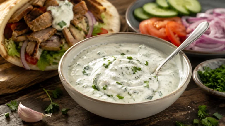 Sauce blanche kebab maison aux herbes avec pain garni et crudités fraîches