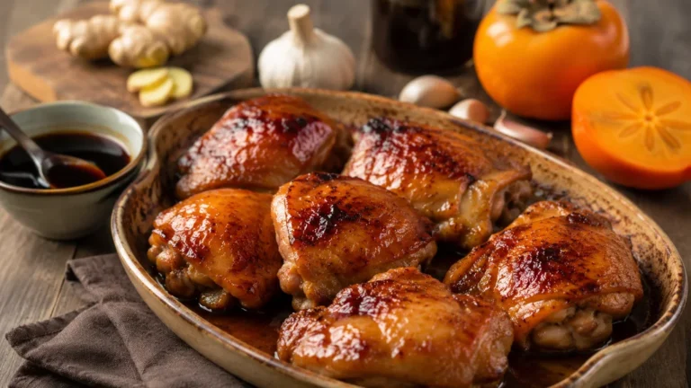 Poulet mariné au vinaigre de kaki avec sauce laquée et ingrédients asiatiques