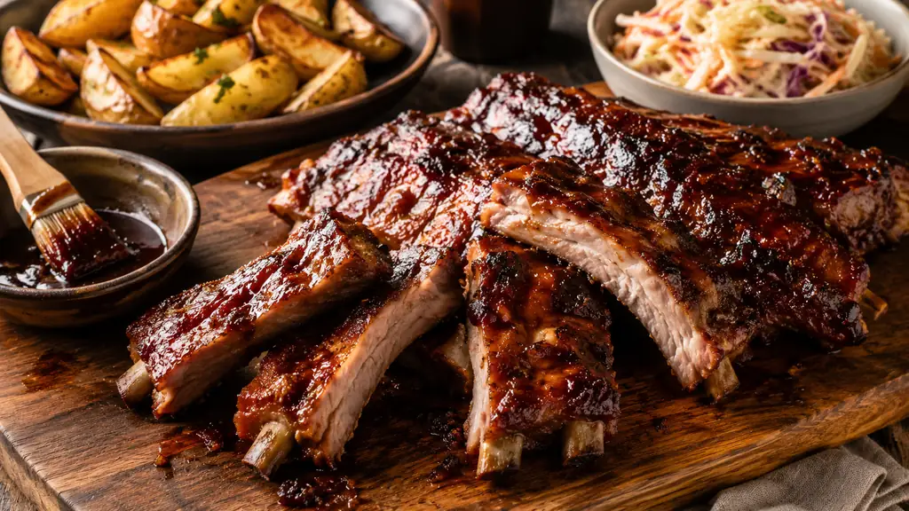 Travers de porc marinés caramélisés avec sauce barbecue et pommes de terre rôties