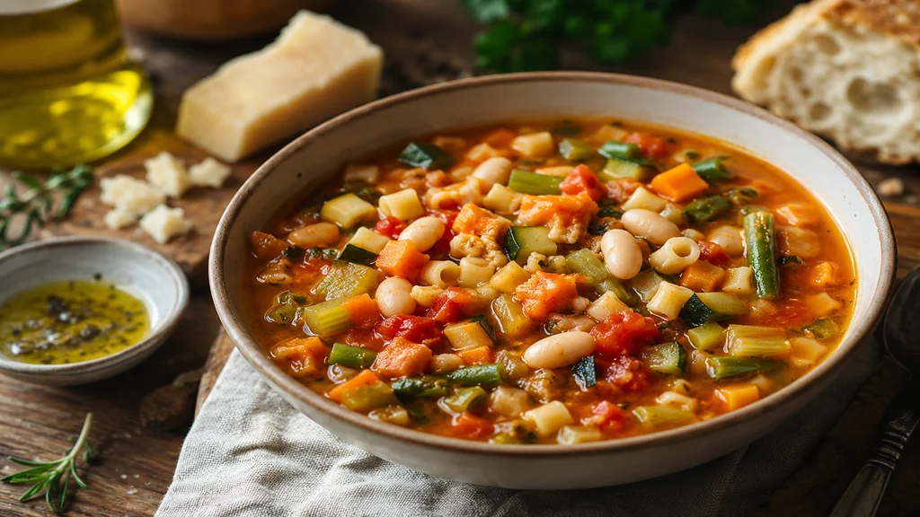 Bol de minestrone traditionnel italien aux légumes, haricots blancs et petites pâtes sur une table rustique