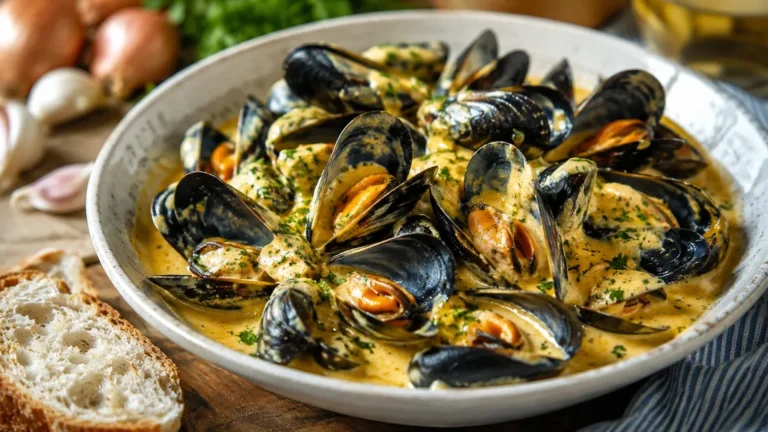 Mouclade charentaise traditionnelle avec moules nappées d’une sauce crémeuse au curry et persil.