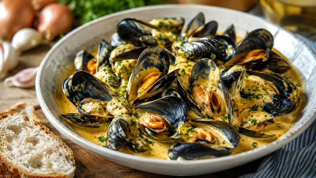 Mouclade charentaise traditionnelle avec moules nappées d’une sauce crémeuse au curry et persil.
