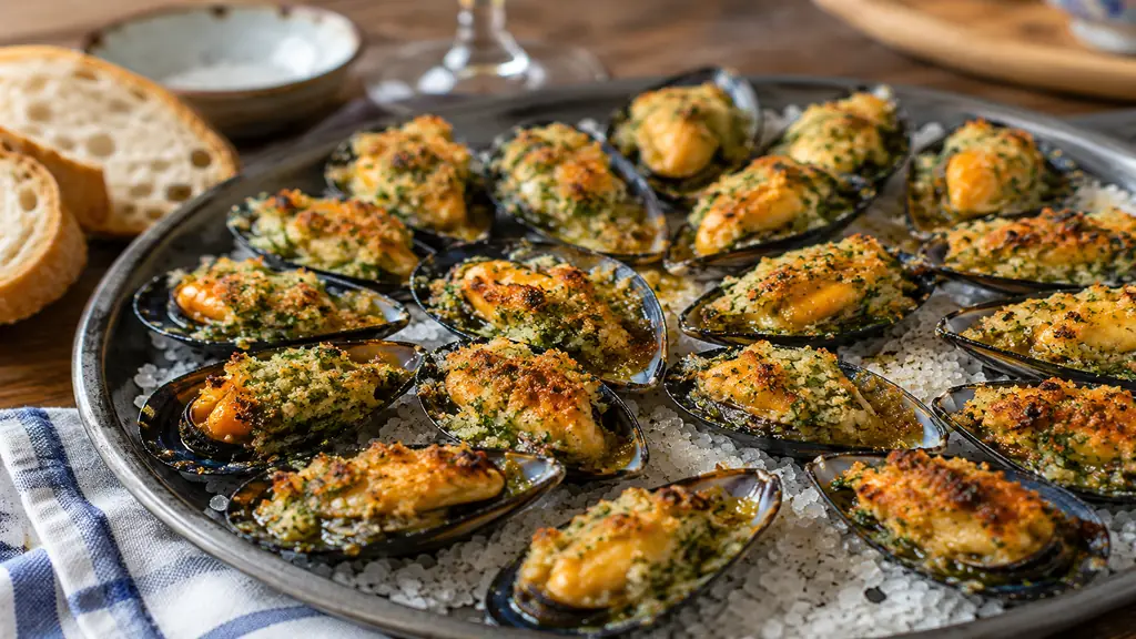 Moules gratinées à l’ail, au persil et à la chapelure servies sur un plateau de gros sel.