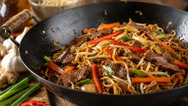 Nouilles sautées au bœuf avec légumes croquants dans un wok