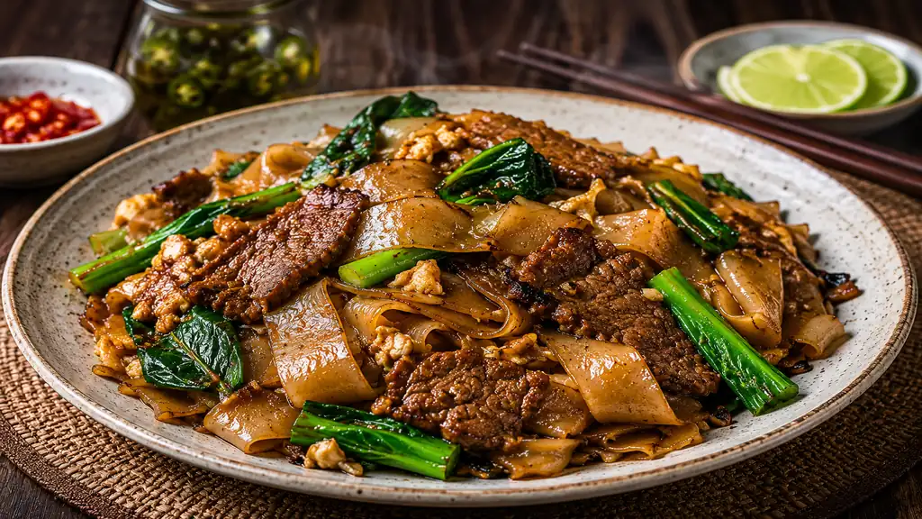 Pad see ew thaï avec nouilles de riz larges sautées au wok, bœuf, œufs et brocoli chinois dans une sauce soja caramélisée.