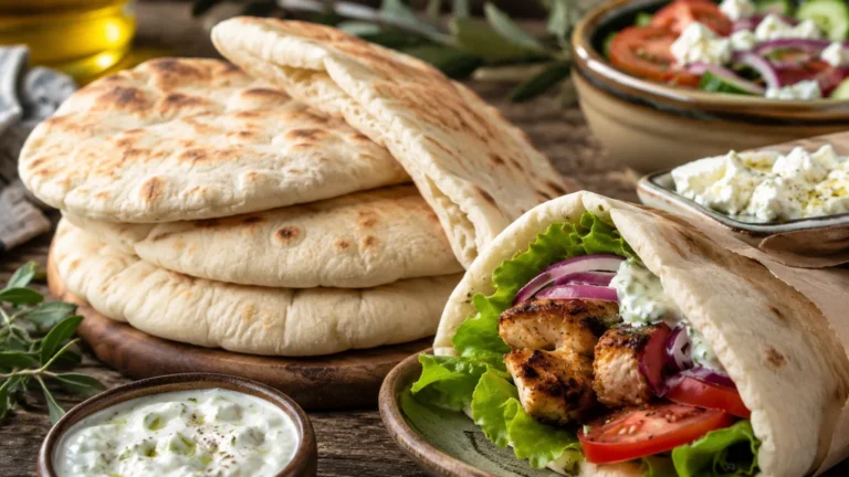 Pain grec pita maison avec garniture méditerranéenne et sauce tzatziki