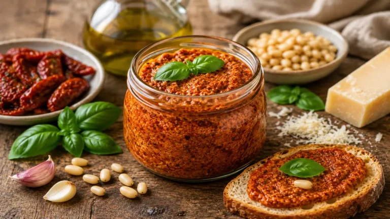 Pot de pesto rosso maison aux tomates séchées avec basilic, parmesan et huile d’olive