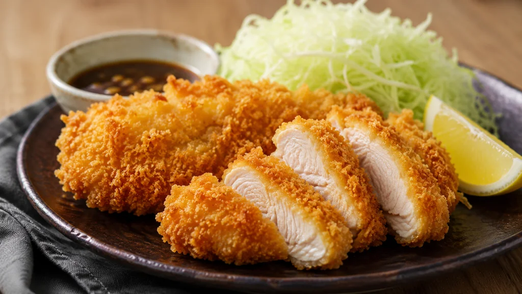 Poulet panko croustillant et doré avec chair moelleuse, chou émincé, citron et sauce