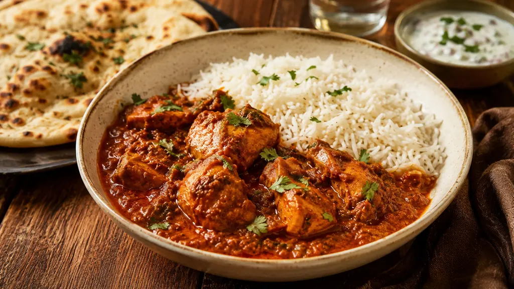 Poulet vindaloo épicé servi avec du riz basmati, du naan et une sauce au yaourt
