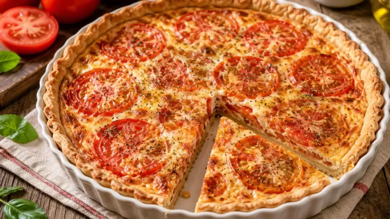 Quiche aux tomates dorée avec pâte croustillante et rondelles de tomates fraîches
