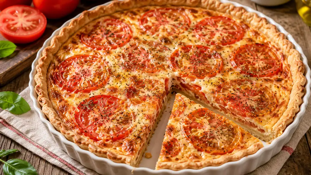 Quiche aux tomates dorée avec pâte croustillante et rondelles de tomates fraîches