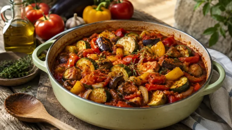 Ratatouille maison provençale aux légumes d’été mijotés dans une cocotte
