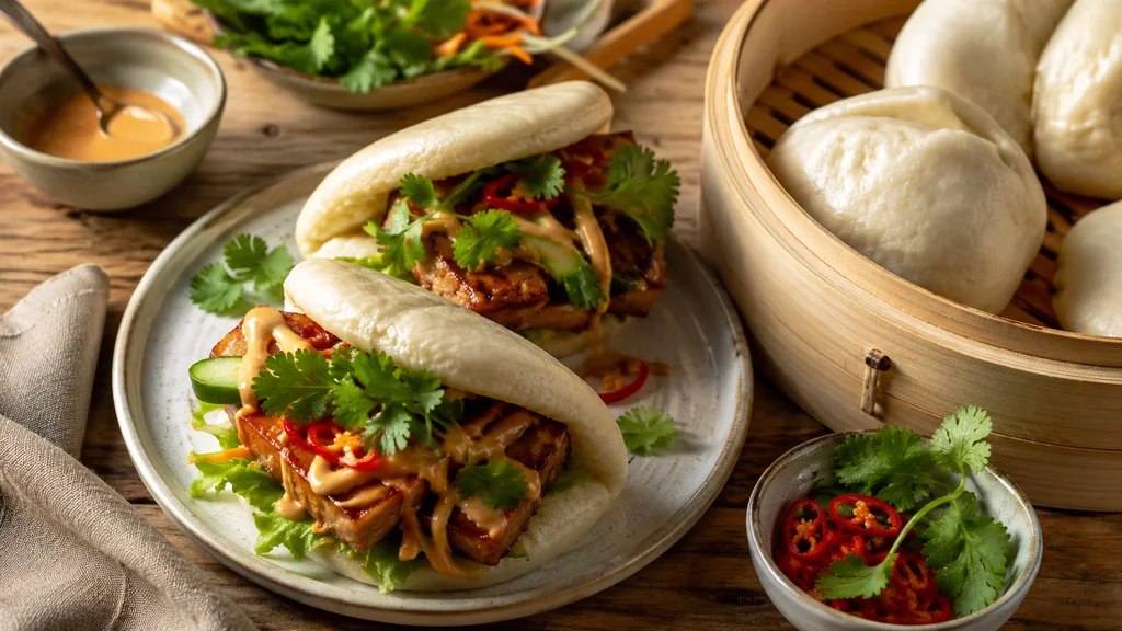 Bao buns vapeur maison garnis de tofu légumes frais et sauce asiatique
