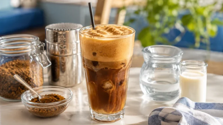 Café frappé maison glacé avec mousse crémeuse café soluble et lait froid