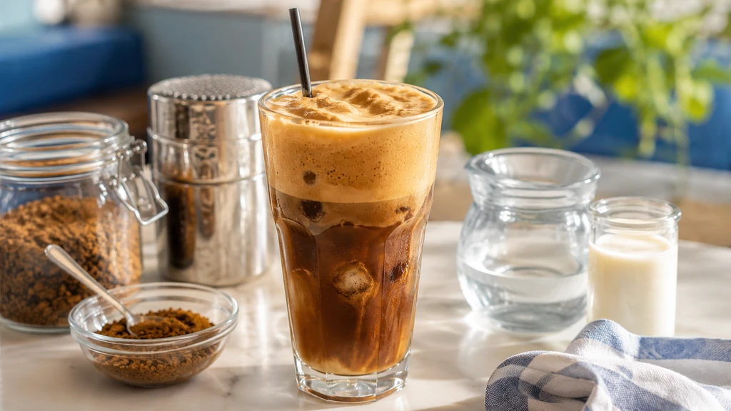 Café frappé maison glacé avec mousse crémeuse café soluble et lait froid
