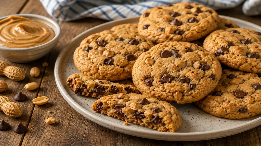 Cookies au beurre de cacahuète avec pépites de chocolat servis sur une assiette rustique avec cacahuètes et beurre de cacahuète.