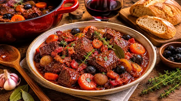 Daube de bœuf provençale mijotée au vin rouge avec carottes, olives noires, lardons et herbes fraîches.