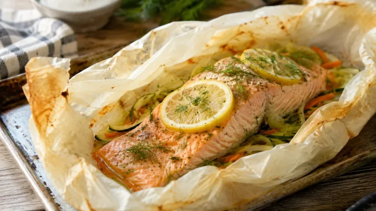 Saumon en papillote au citron, aneth et légumes fins dans du papier cuisson