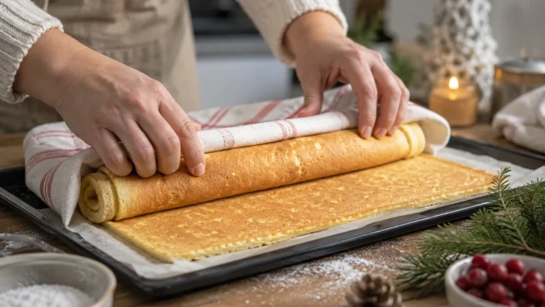 Génoise pour bûche roulée à chaud dans un torchon sur une plaque de cuisson