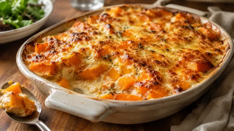 Gratin de courge doré au fromage dans un plat en céramique avec morceaux de butternut fondants