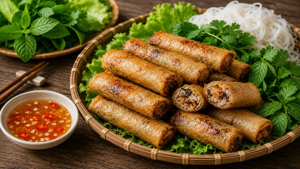 Nems vietnamiens au porc croustillants servis avec salade, menthe, vermicelles de riz et sauce nuoc-mâm.
